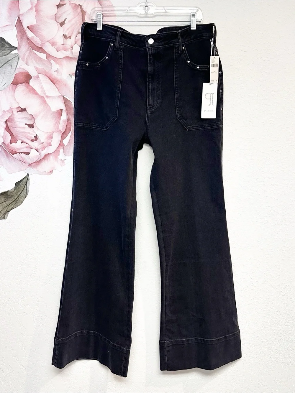 Pilcro Anthropologie The Rylan Black Studded Relax Hi Rise Flare Jeans NWT 32T - Picture 5 of 15